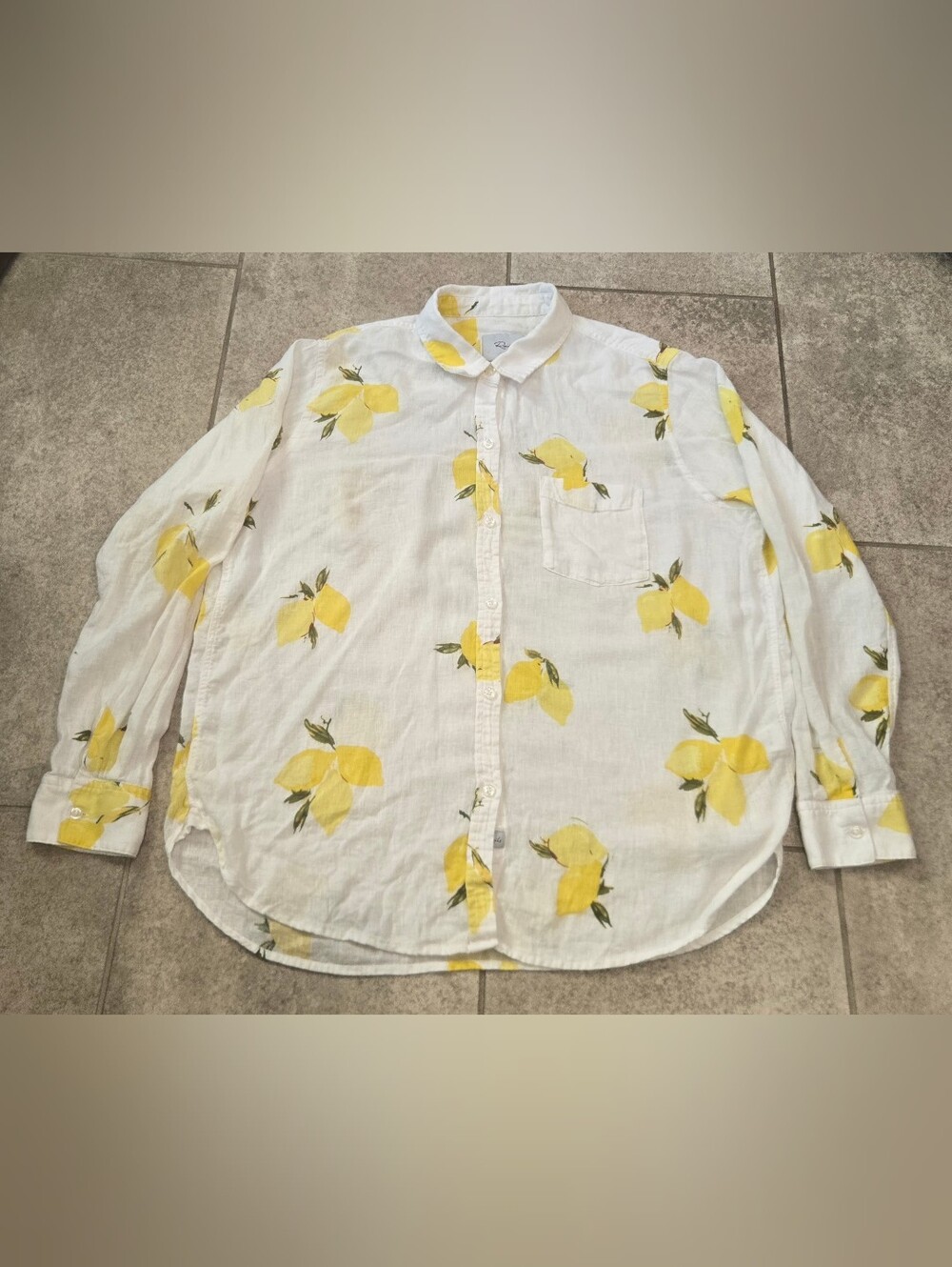 Rails Charli Lemon Print Linen Blend Button Down Shirt Blouse Citronnade L